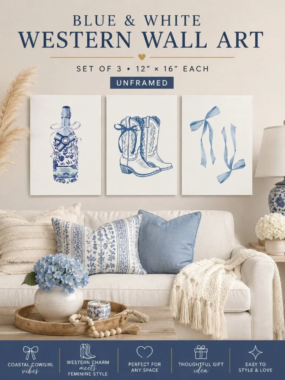 Set of 3 Blue White Western Wall Art Prints 12x16 Cowboy Boots Bow Unframed